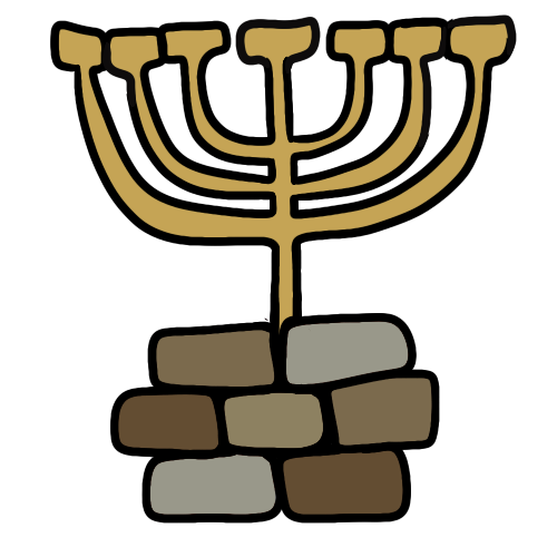 a gold temple menorah above seven stacked tan bricksx